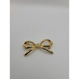Vintage Brooch Pin Bow Crystal Accent Gold Tone Jewelry Costume
